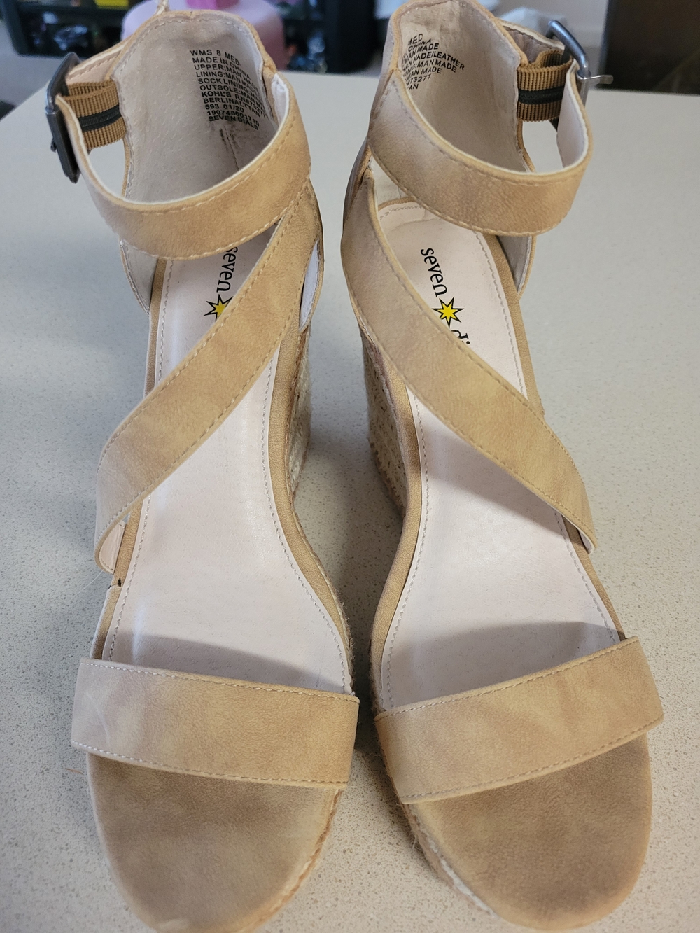 Seven Dials Tan Suede Crisscross Wedge Sandals